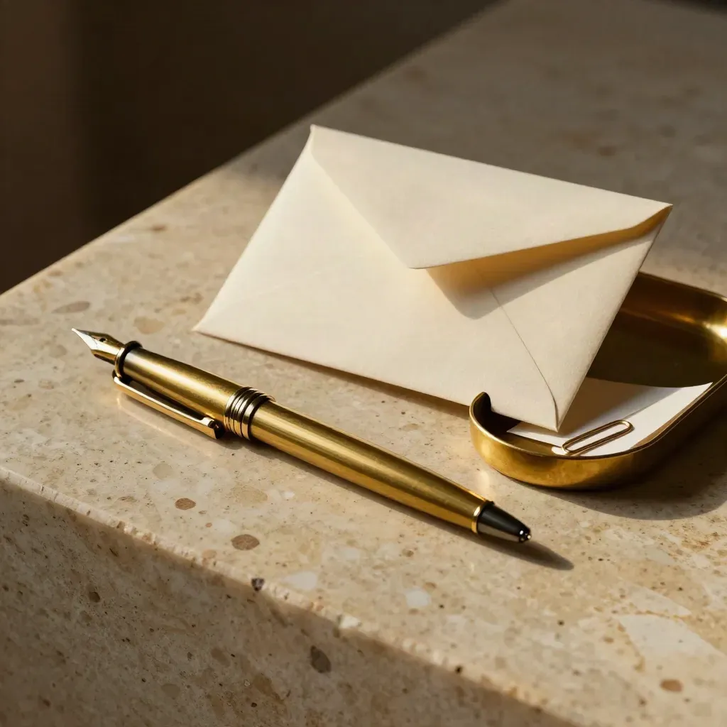 Still life con penna in ottone, busta crema e card contatti su travertino chiaro.
